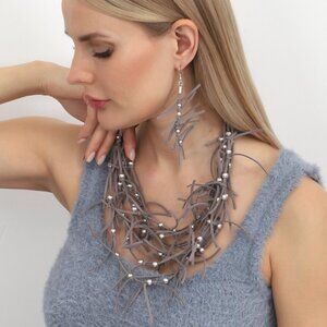 Hand Made Tassel Necklace, Bracelet and Earrings Set with Silver Beads